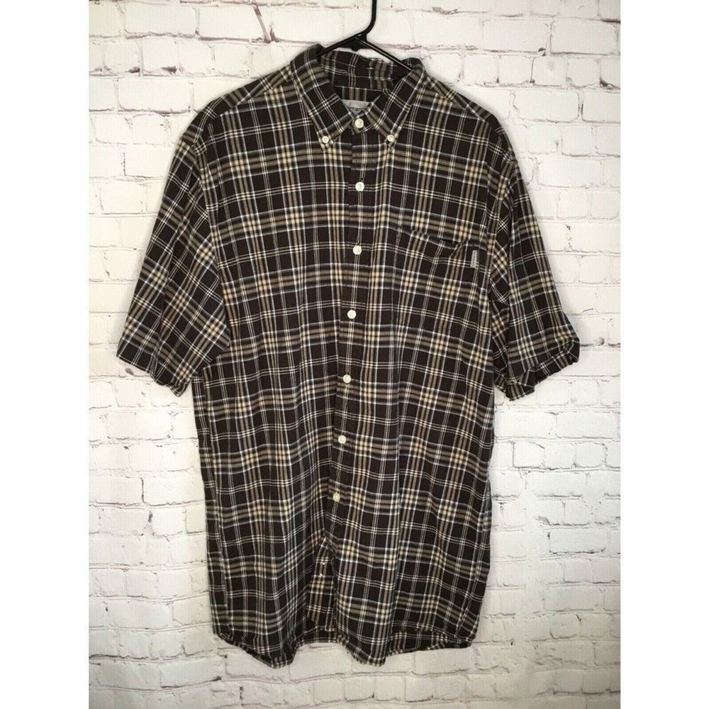Carhartt Brown/White Plaid Short Sleeve Button Up Shirt Men LT India 100% Cotton